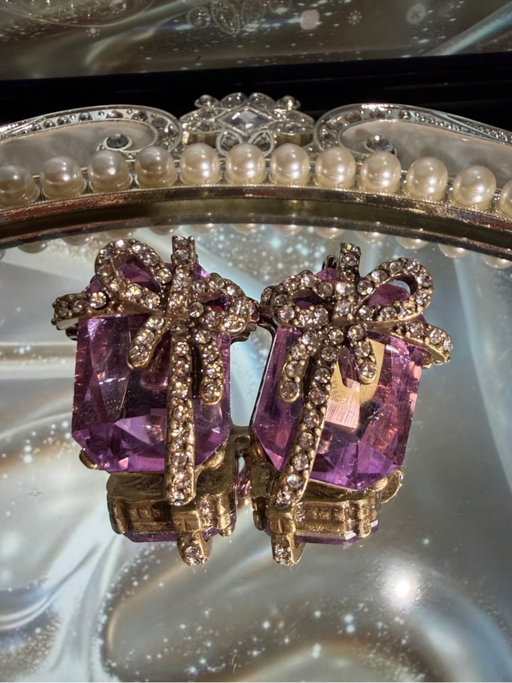 Purple Crystal Bow Drop Earrings - Women Jewelry
